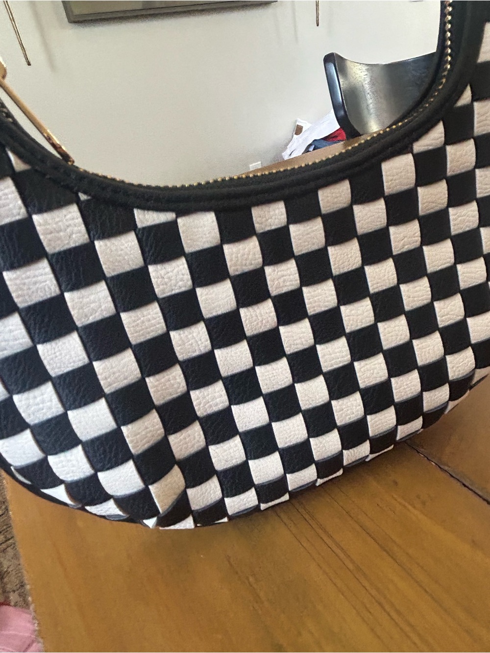 Black and White Checkered Crescent Shoulder Bag - Picture 4 of 9